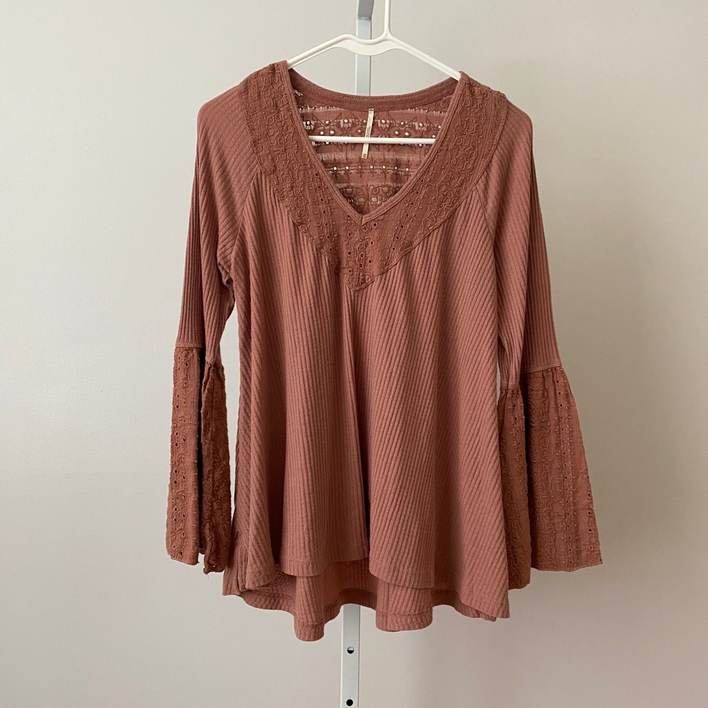 Free People XS Boho Top Eyelet Bell Sleeve Waffle Knit Shabby Peasant Blouse